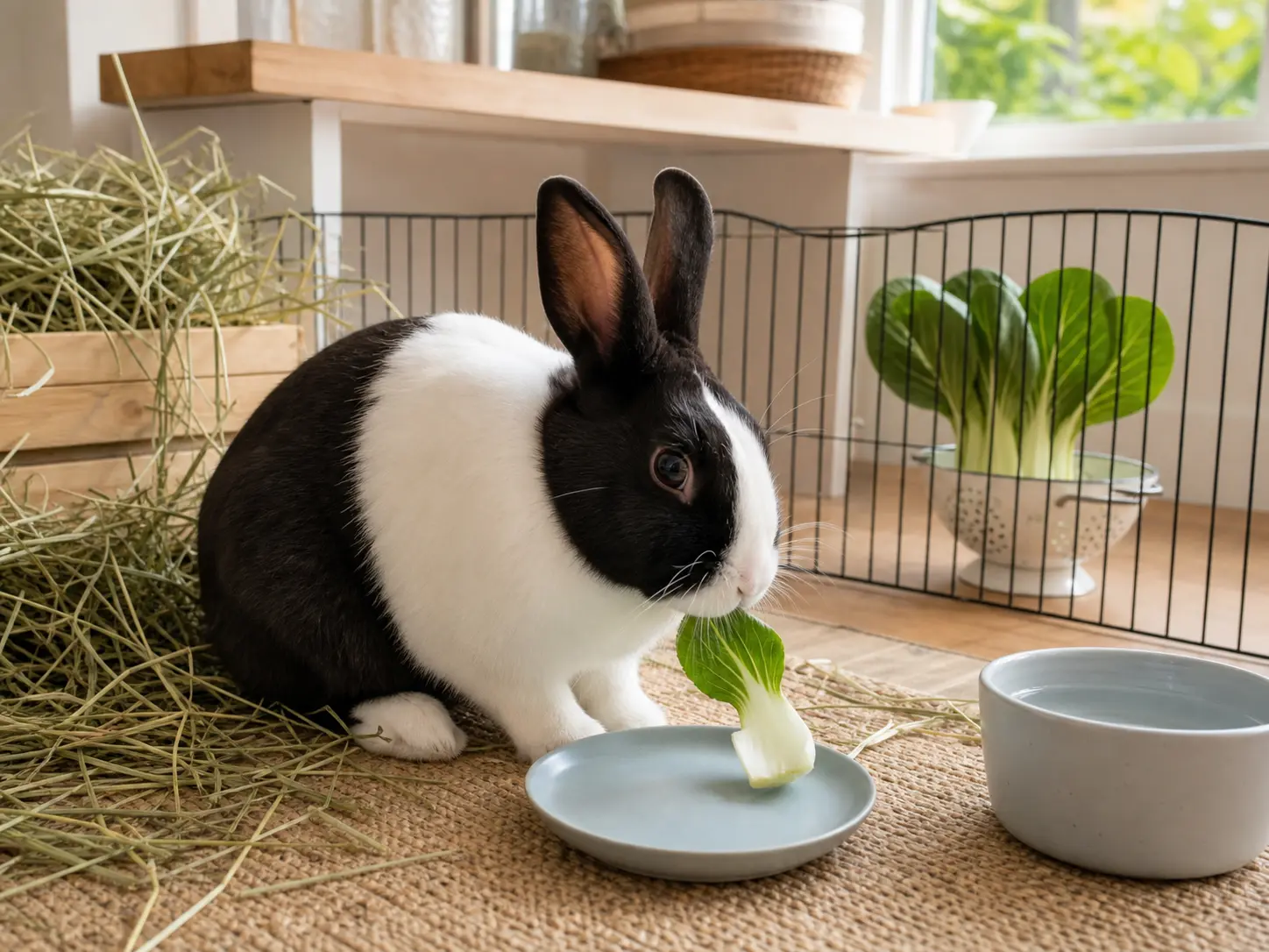 Black-and-white Dutch rabbit eating one plain bok choy leaf and short white stalk beside abundant timothy hay and water, with an intact baby bok choy beyond the pen