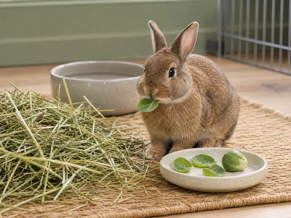 Cinnamon-brown rabbit nibbling one loose Brussels sprout leaf beside three leaves, one whole sprout, a large pile of grass hay, and a ceramic water bowl