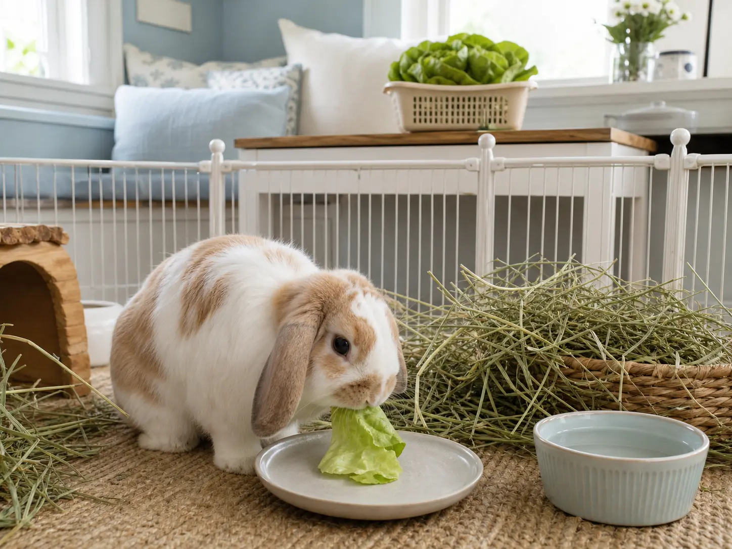 Fawn-and-white lop rabbit eating one soft cupped butter lettuce leaf beside abundant hay and water, with a whole butterhead beyond the pen