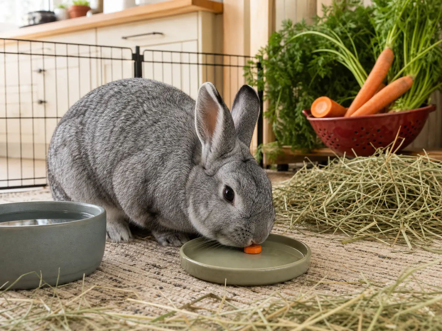 Silver-gray Standard Chinchilla rabbit eating one tiny fresh carrot-root coin beside abundant timothy hay and water, with whole carrots and leafy tops beyond the pen
