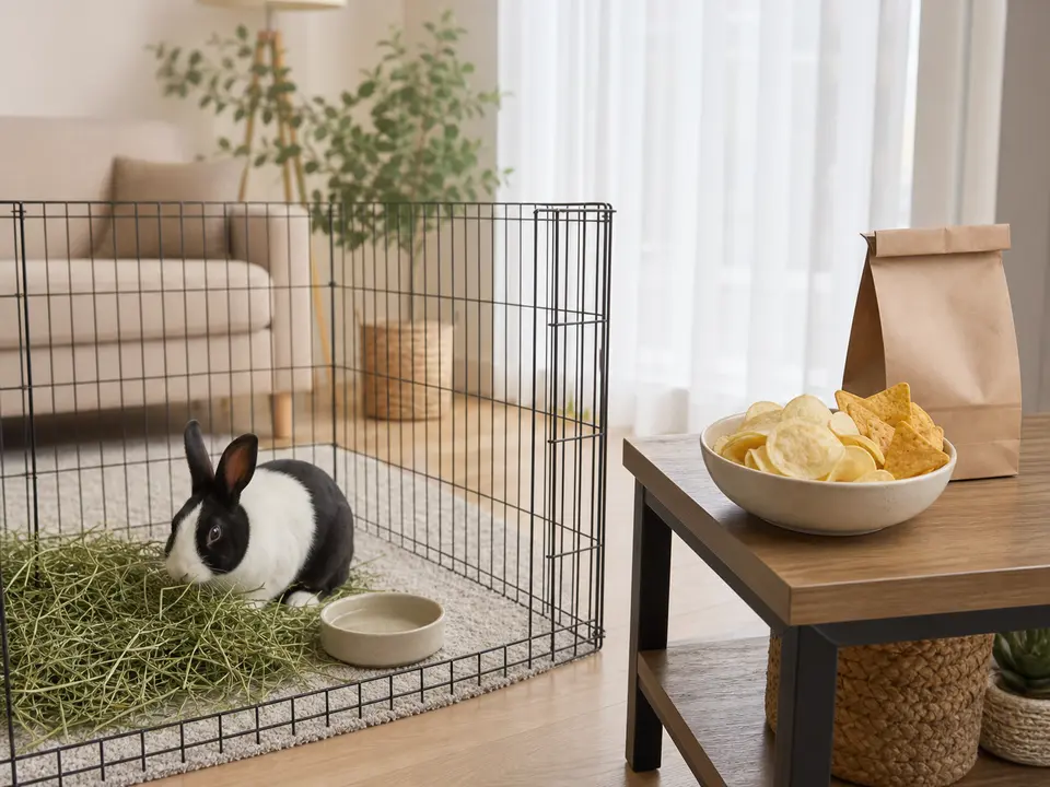 Black-and-white Dutch rabbit eating hay inside an exercise pen while potato and tortilla chips remain out of reach
