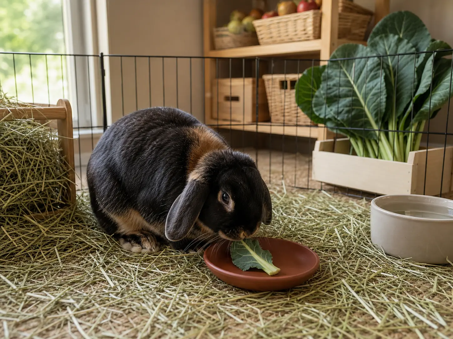 Black-otter Holland Lop rabbit eating one fresh collard-green leaf piece beside abundant orchard-grass hay and water, with an intact collard bunch beyond the pen