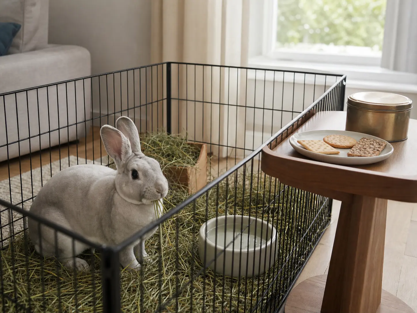Light-gray rabbit chewing hay inside an exercise pen while a plate of plain, seeded, and round crackers stays on a side table outside the barrier