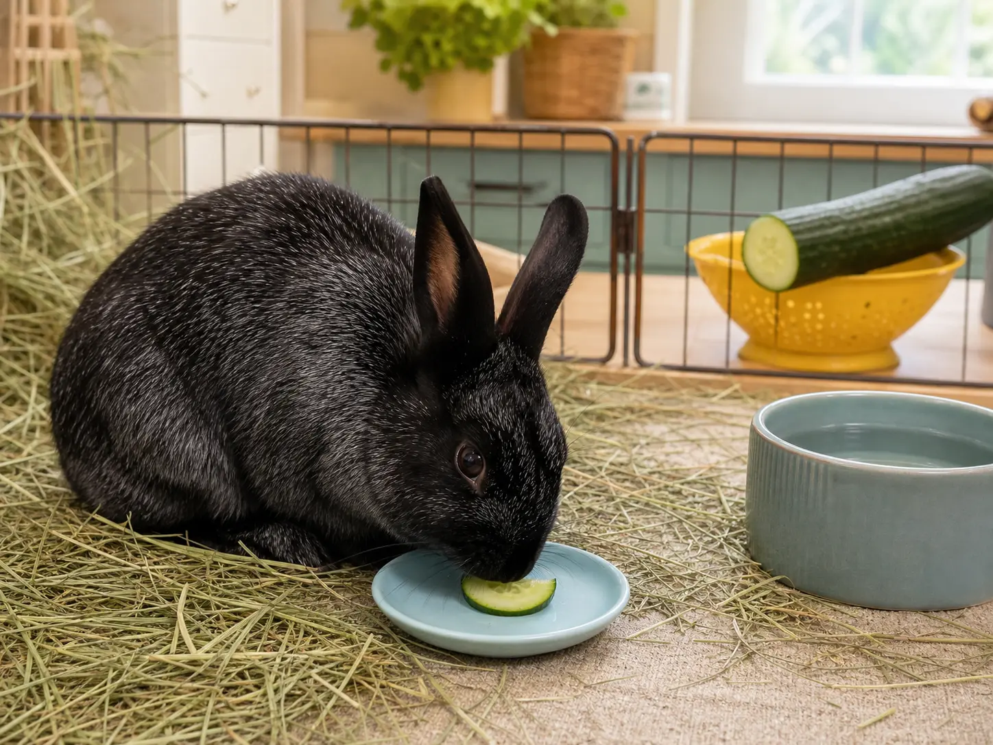 Silver-tipped black Silver Fox rabbit eating one small fresh cucumber half-moon beside abundant timothy hay and water, with an intact cucumber beyond the pen