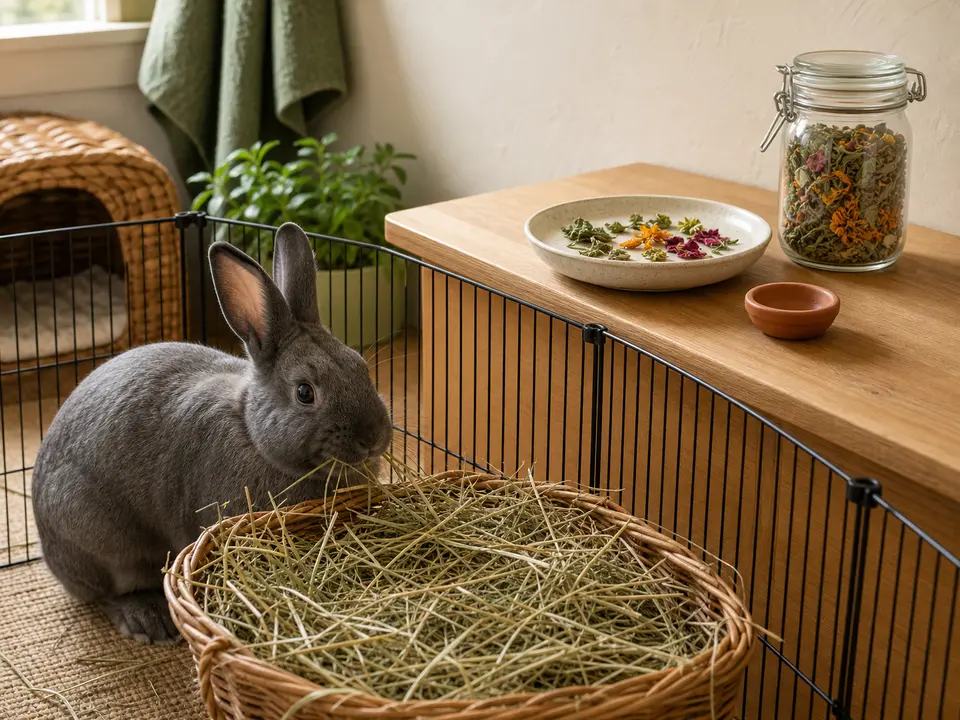 Smoke-gray rabbit eating orchard hay while a tiny assortment of identifiable dried leaves and petals is sorted on a counter beyond the pen