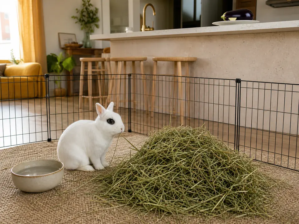 White Dwarf Hotot rabbit eating from a large grass-hay pile inside an exercise pen while a whole purple eggplant and one slice remain out of reach on a high kitchen counter