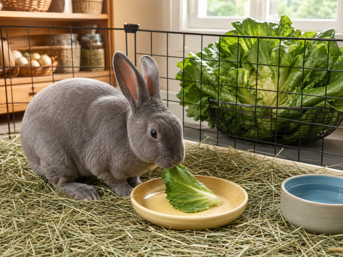 Solid lilac-gray Rex rabbit eating one fresh escarole leaf beside abundant oat hay and water, with an intact broad-leaf escarole head beyond the pen