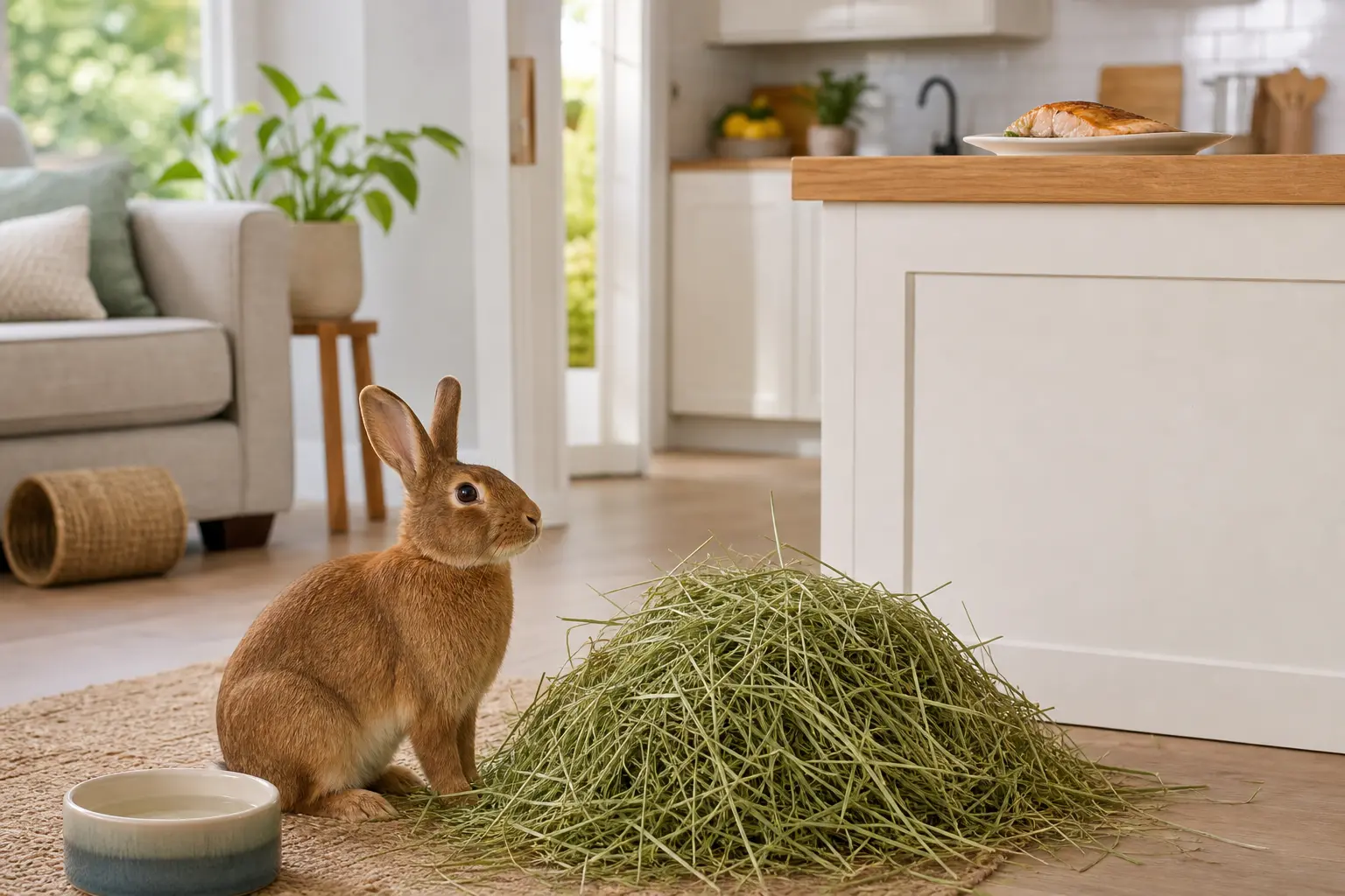 Cinnamon-brown rabbit beside abundant timothy hay and water while a cooked fish fillet stays far out of reach on a raised kitchen counter