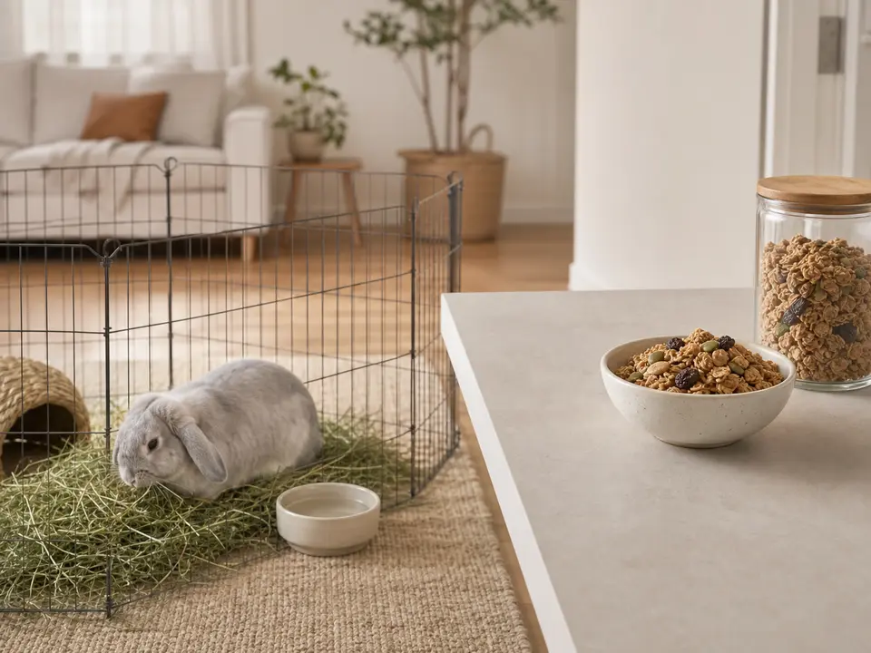 Silver-gray lop rabbit eating hay inside an exercise pen while a bowl and jar of granola remain out of reach