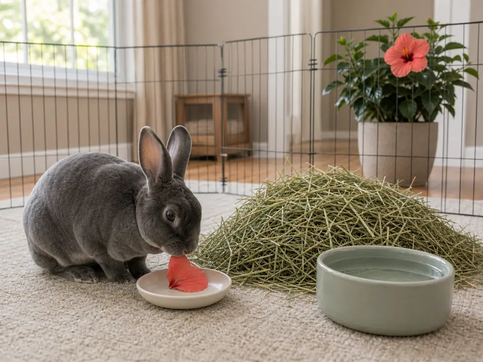 Smoke-gray Rex rabbit nibbling one washed coral-red hibiscus petal beside abundant timothy hay and water while the intact flowering plant stays outside the pen