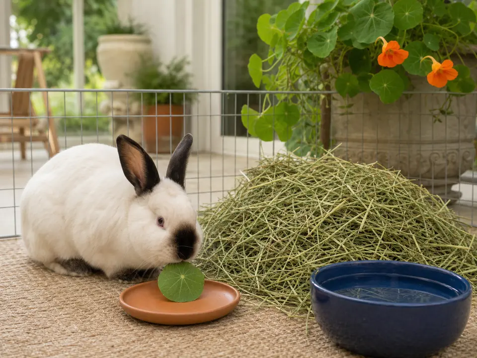 Cream-white Californian rabbit nibbling one washed round Tropaeolum majus leaf beside abundant orchard hay and water while the flowering vine stays outside the pen
