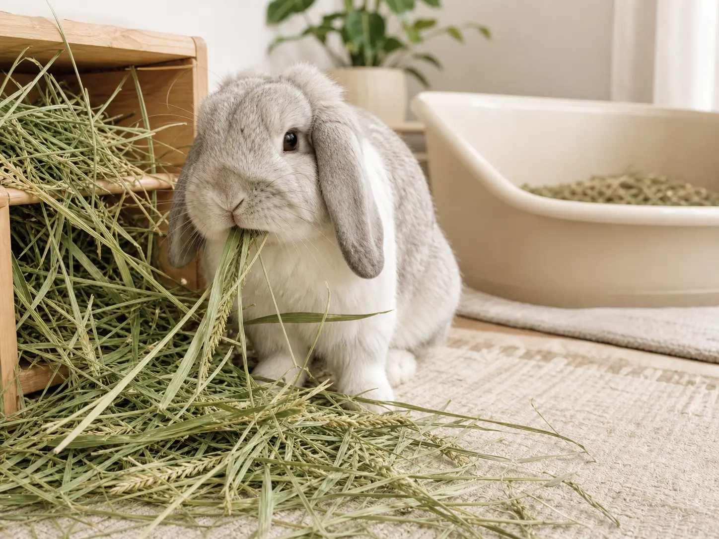 Gray-and-white lop rabbit eating leafy orchard grass hay beside a low wooden feeder and roomy litter box
