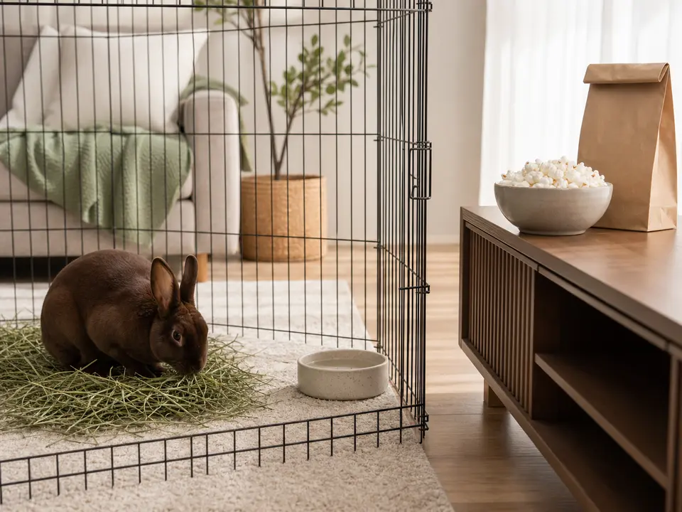 Chocolate-brown Mini Rex rabbit eating hay inside an exercise pen while a bowl of popcorn remains out of reach