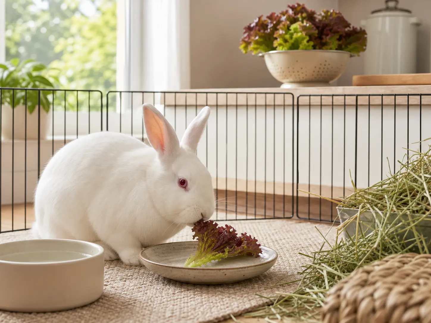 White rabbit eating one plain burgundy-tipped red leaf lettuce leaf beside abundant hay and water, with a whole loose head beyond the pen