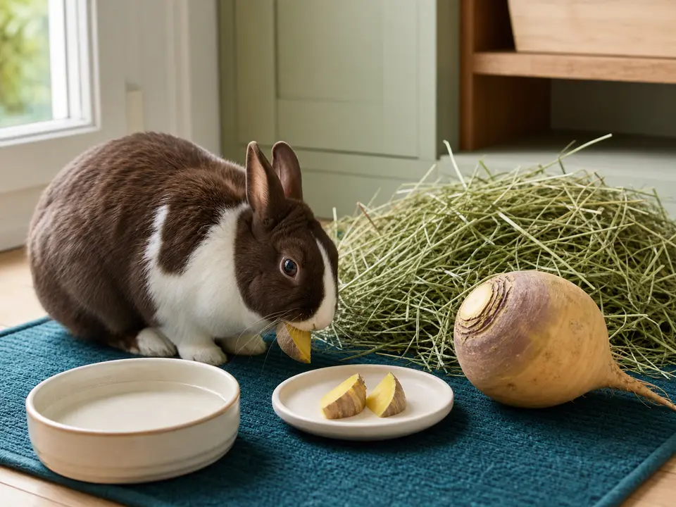 Chocolate-and-white Dutch rabbit nibbling one small raw yellow-fleshed rutabaga wedge beside two wedges, a whole tan rutabaga, a large pile of grass hay, and a ceramic water bowl
