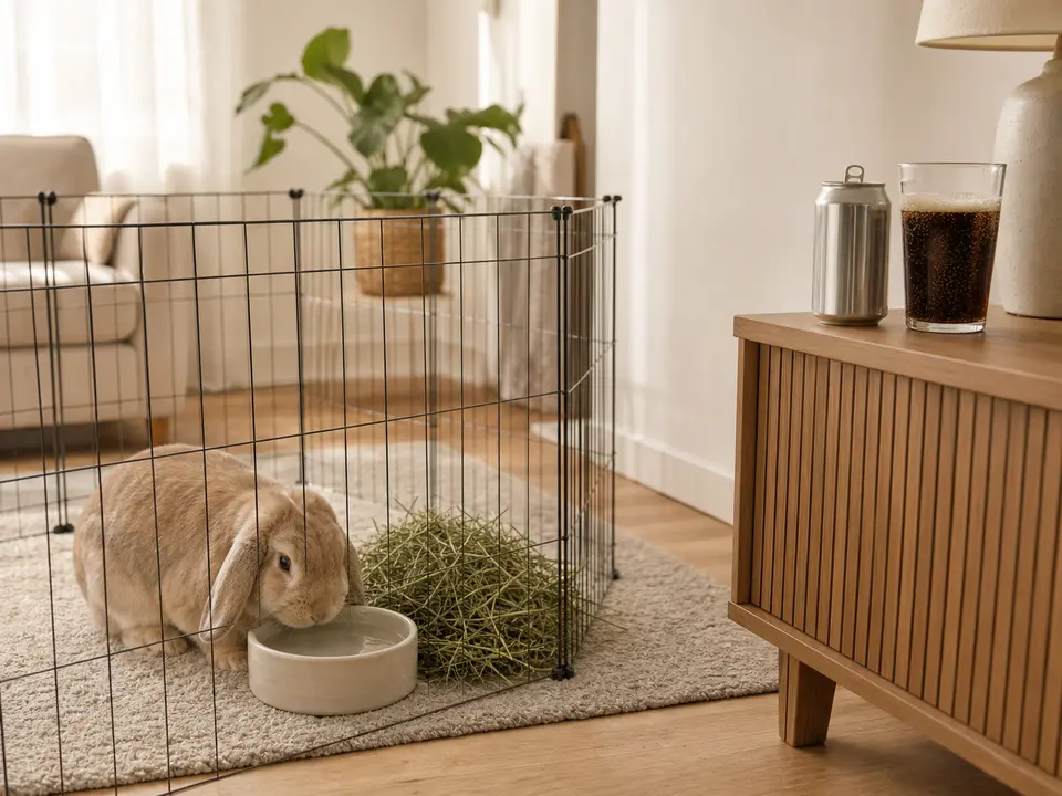 Fawn lop rabbit drinking plain water inside an exercise pen while a soda can and glass of cola remain out of reach
