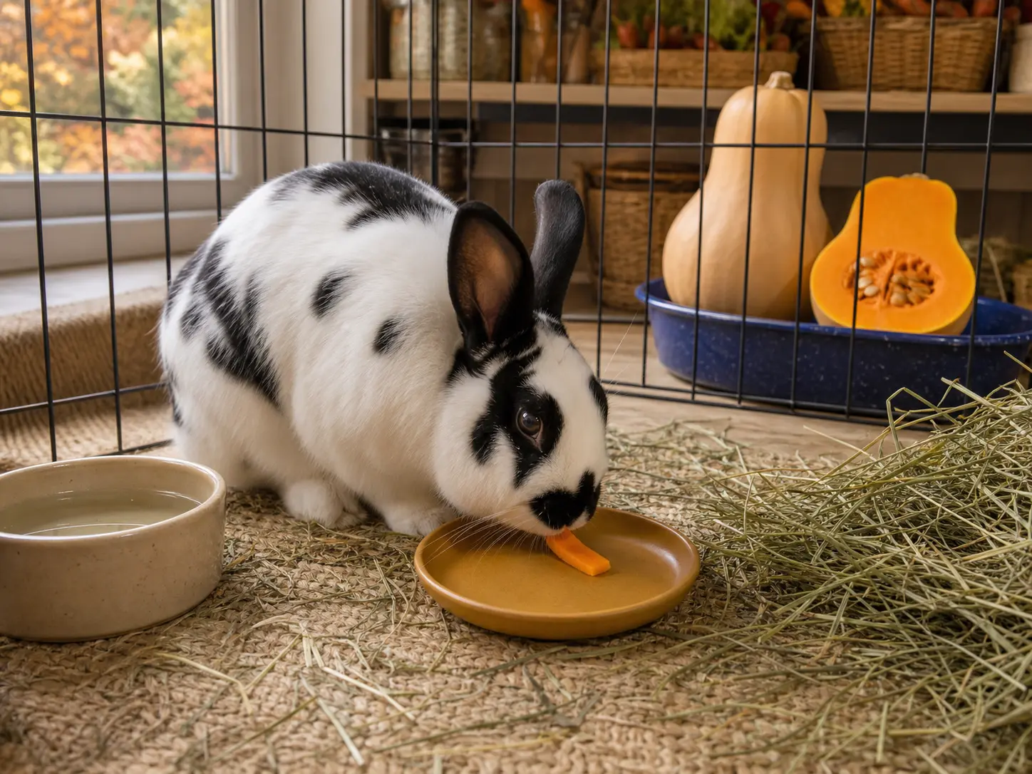 Black-and-white Checkered Giant rabbit eating one small raw butternut-squash sliver beside abundant timothy hay and water, with a whole and cut butternut beyond the pen