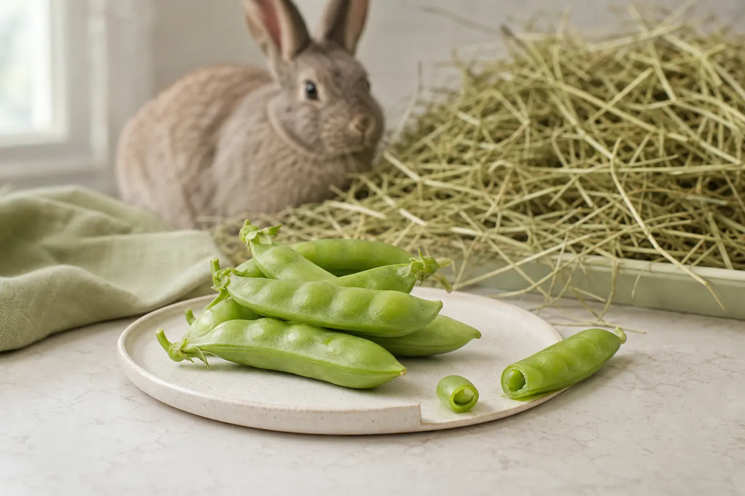 Fresh plump sugar snap pea pods and one small cut piece on a ceramic prep plate, with a rabbit and abundant grass hay behind them