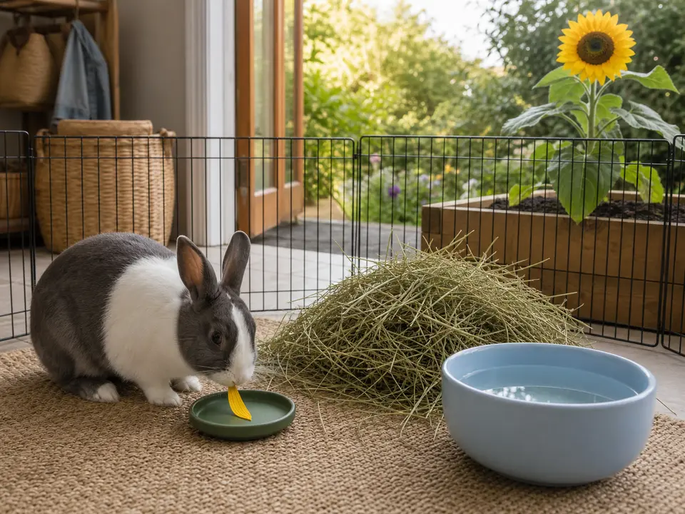 Blue-gray-and-white Dutch rabbit nibbling one washed yellow Helianthus annuus ray petal beside abundant timothy hay and water while the flower head stays outside the pen