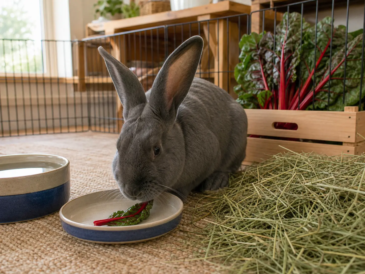 Blue-gray Flemish Giant rabbit eating one fresh red Swiss-chard leaf piece beside abundant orchard-grass hay and water, with an intact chard bunch beyond the pen