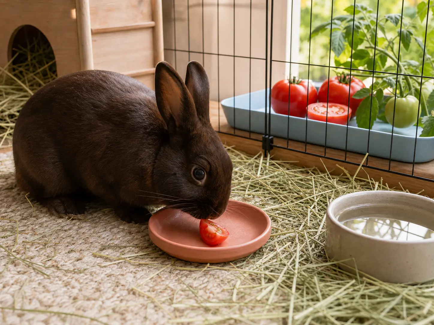 Deep seal-brown Satin rabbit eating one small fully ripe red tomato wedge beside abundant meadow hay and water, with ripe fruit and separate green plant parts beyond the pen