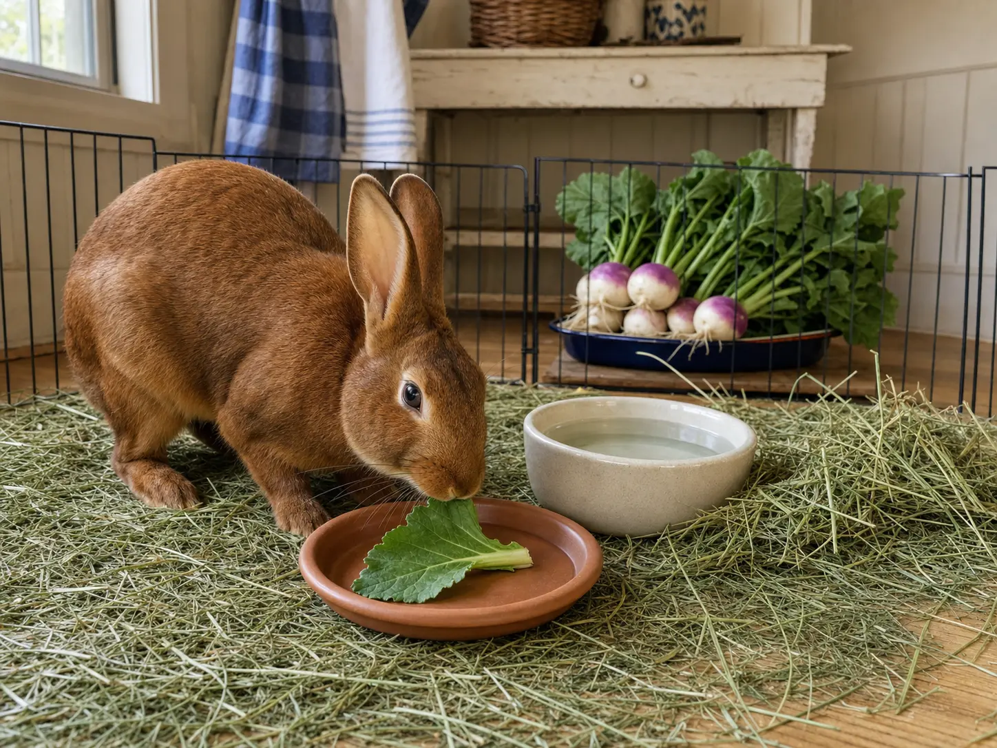 Copper-red Belgian Hare rabbit eating one fresh turnip-green leaf piece beside abundant meadow hay and water, with an intact purple-top turnip bunch beyond the pen