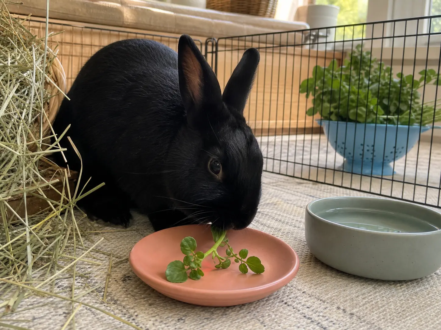 Solid-black Havana rabbit eating one fresh watercress sprig beside abundant oat hay and water, with an intact grocery bunch beyond the pen