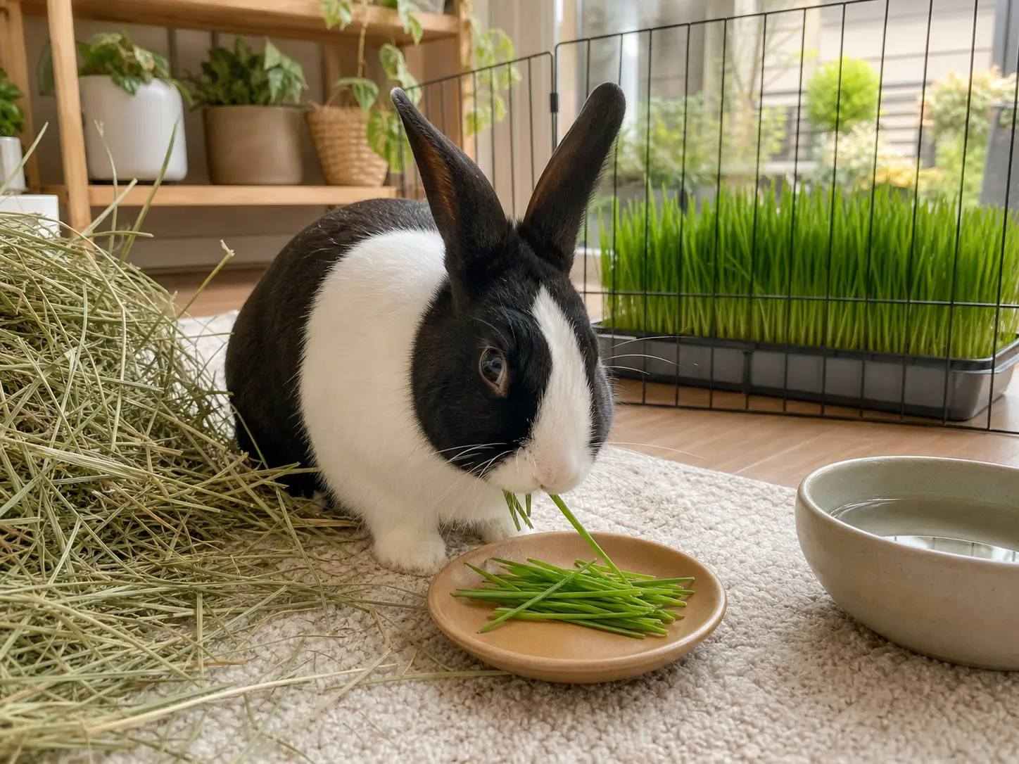 Black-and-white Dutch rabbit eating a small plain tuft of clipped wheatgrass beside abundant timothy hay and water, with a dense growing tray beyond the pen