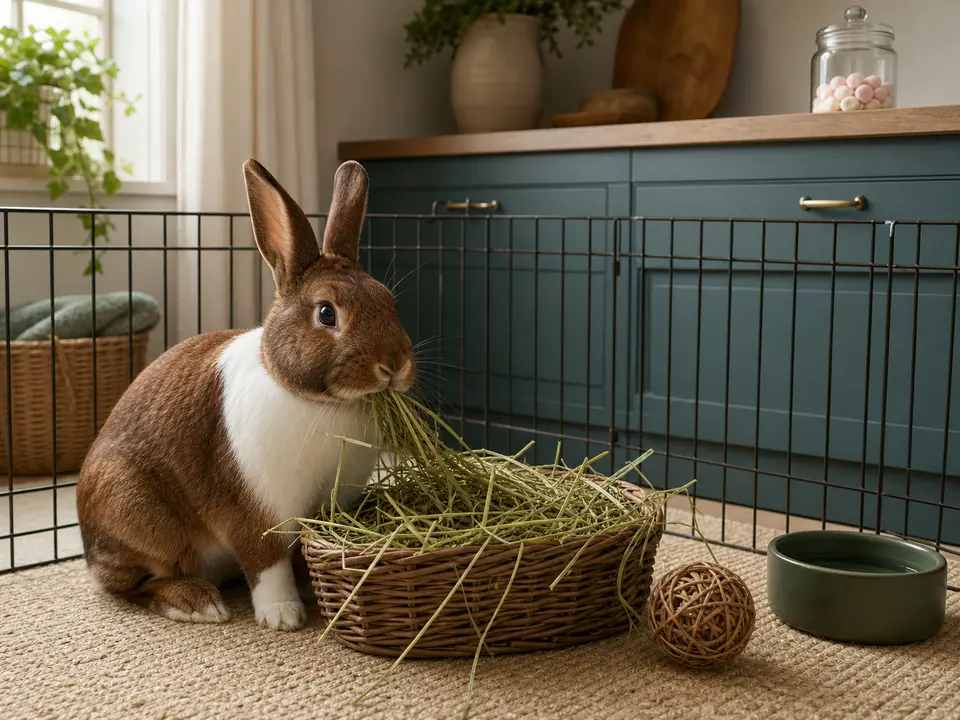 Chestnut-and-white rabbit eating long timothy hay while a sealed jar of white and pink yogurt drops stays on a high counter beyond the pen
