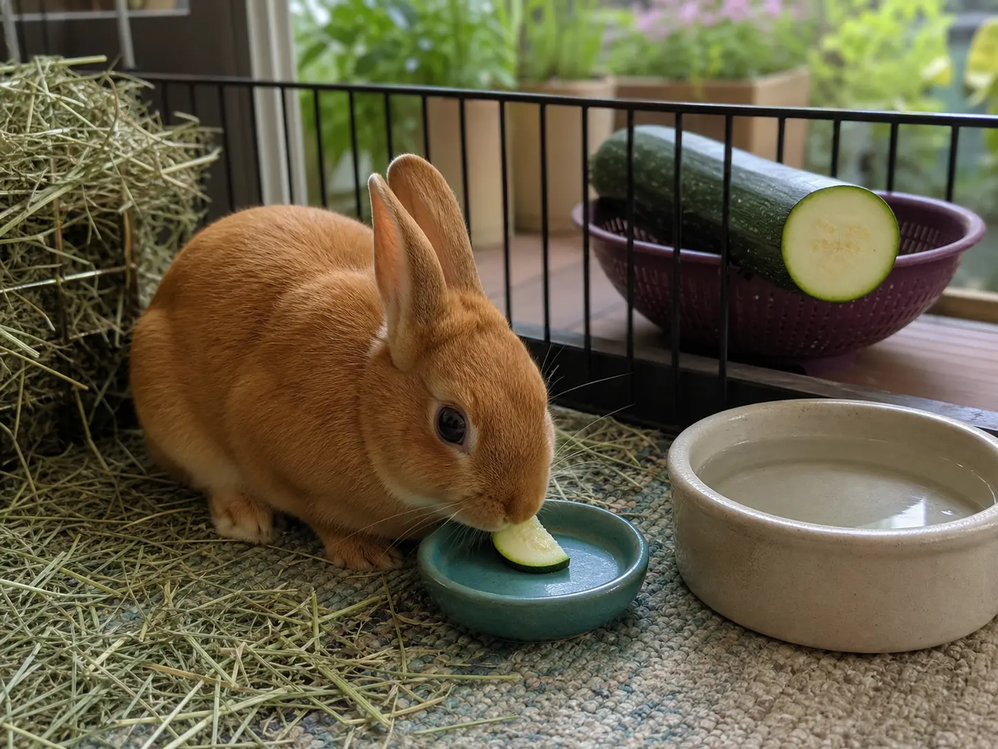 Golden-orange Thrianta rabbit eating one small fresh zucchini half-moon beside abundant brome hay and water, with an intact speckled zucchini beyond the pen