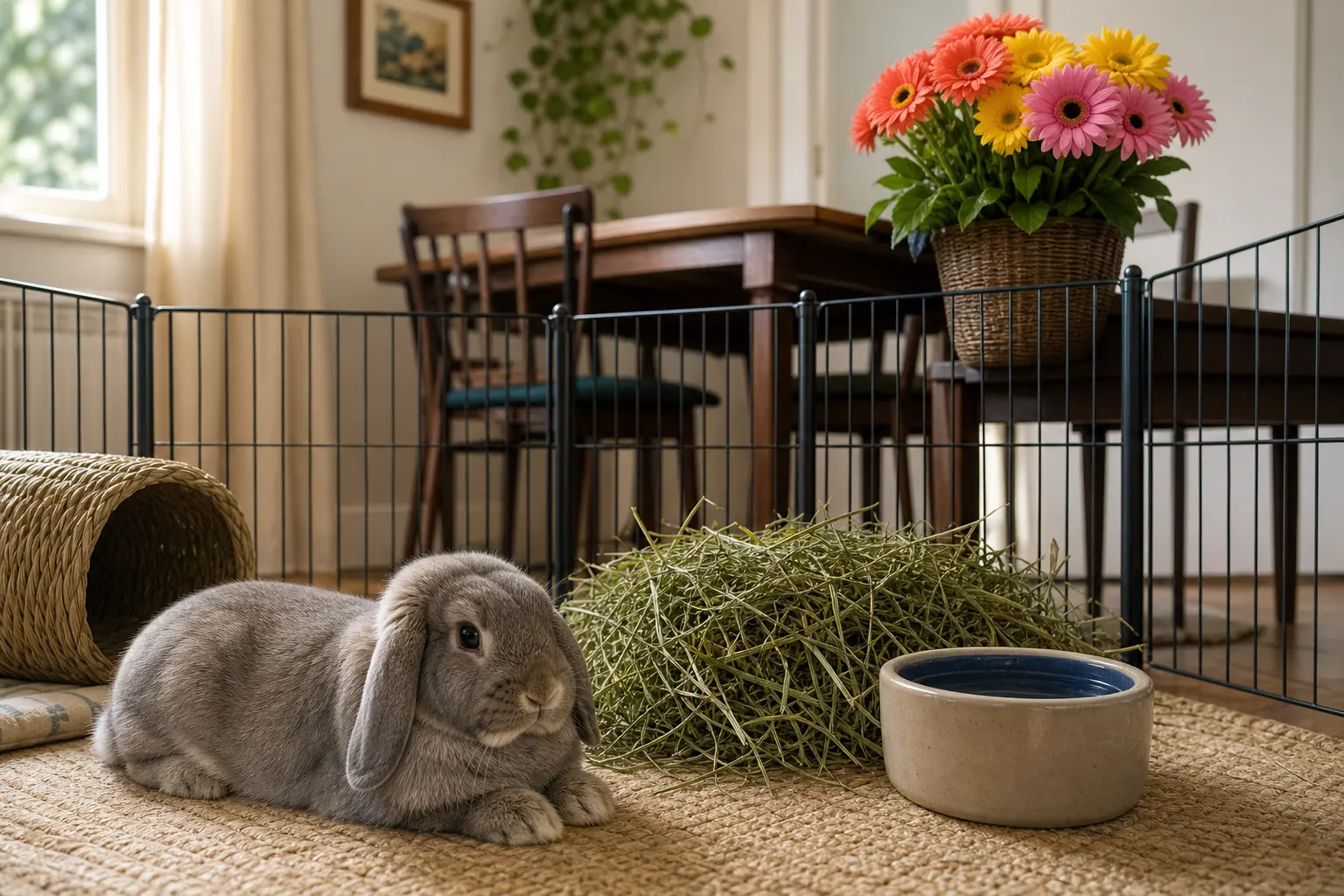 Soft-gray lop rabbit beside abundant hay and water while a pot of colorful Gerbera daisies stays high on a table beyond a secure barrier
