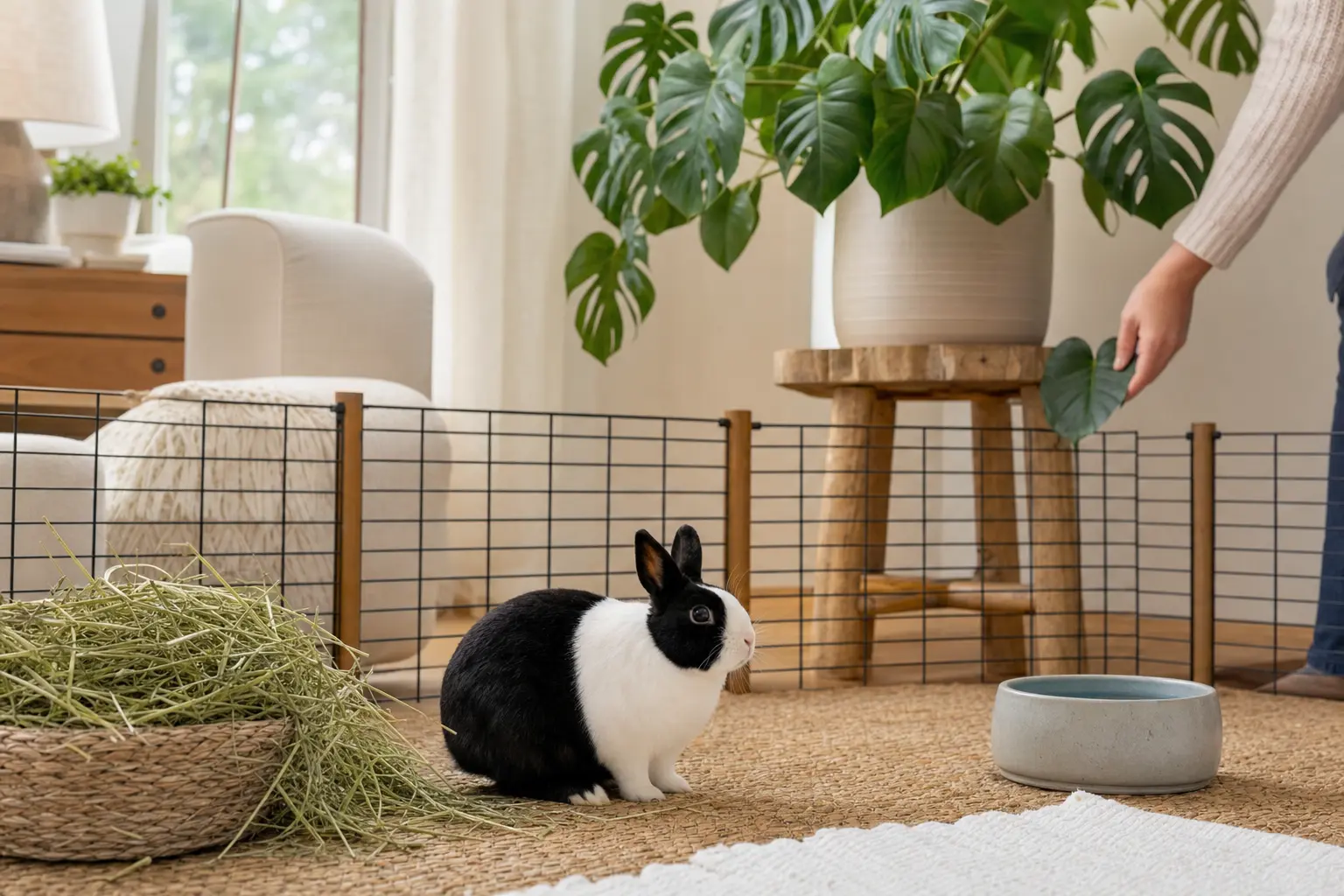 Black-and-white Dutch rabbit beside hay and water while a mature Monstera and a collected fallen leaf remain behind a secure exercise-pen barrier