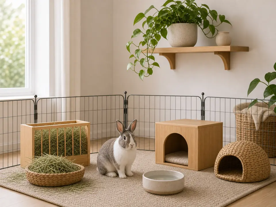 Rabbit room with a houseplant kept out of reach