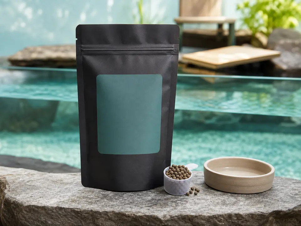 Aquatic turtle diet pellets in a measured feeding scoop beside a water-safe dish.
