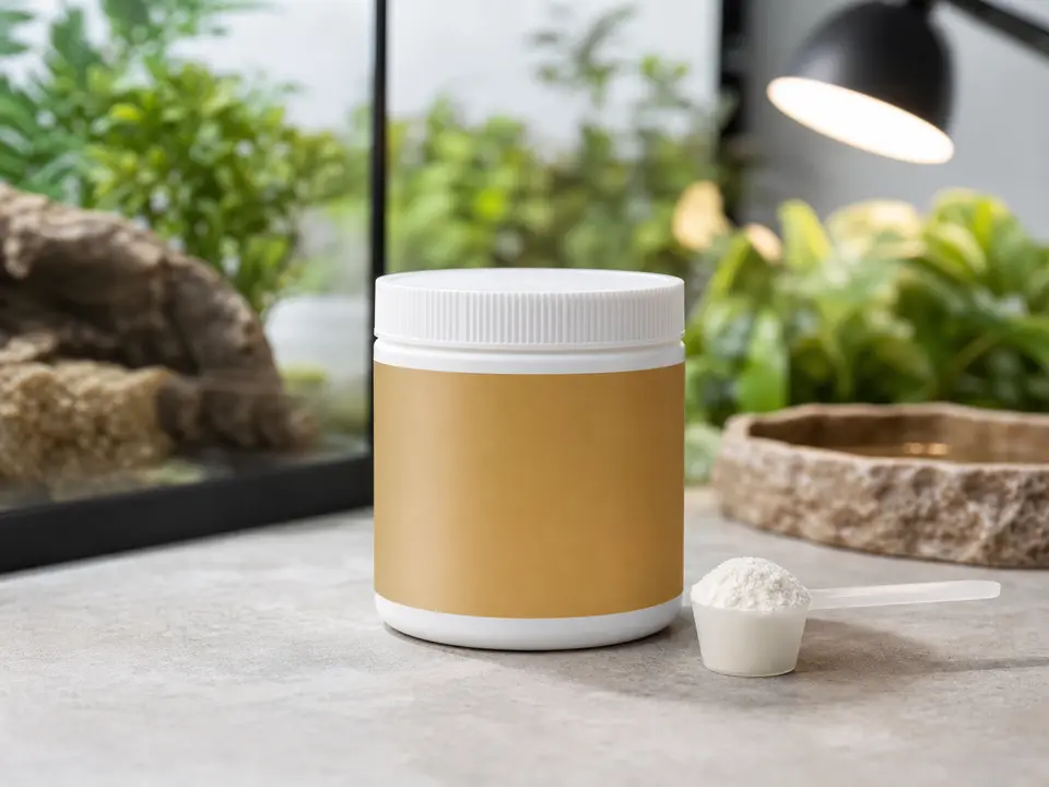 Reptile calcium powder with D3 represented by a supplement container and measured scoop.