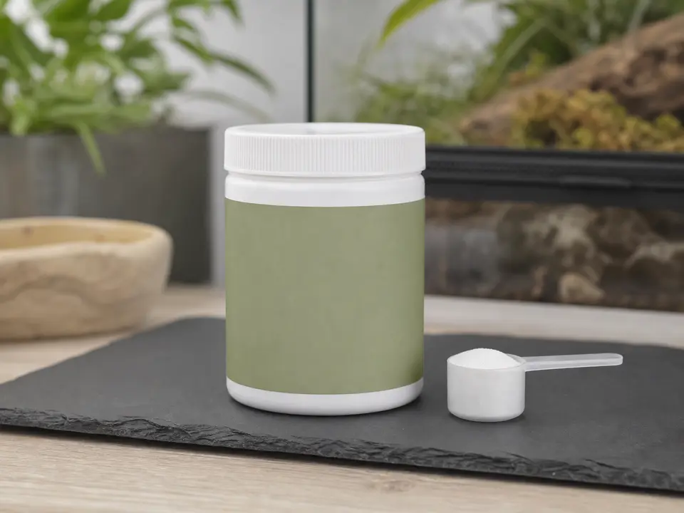 Plain reptile calcium powder in a small open supplement container with scoop.