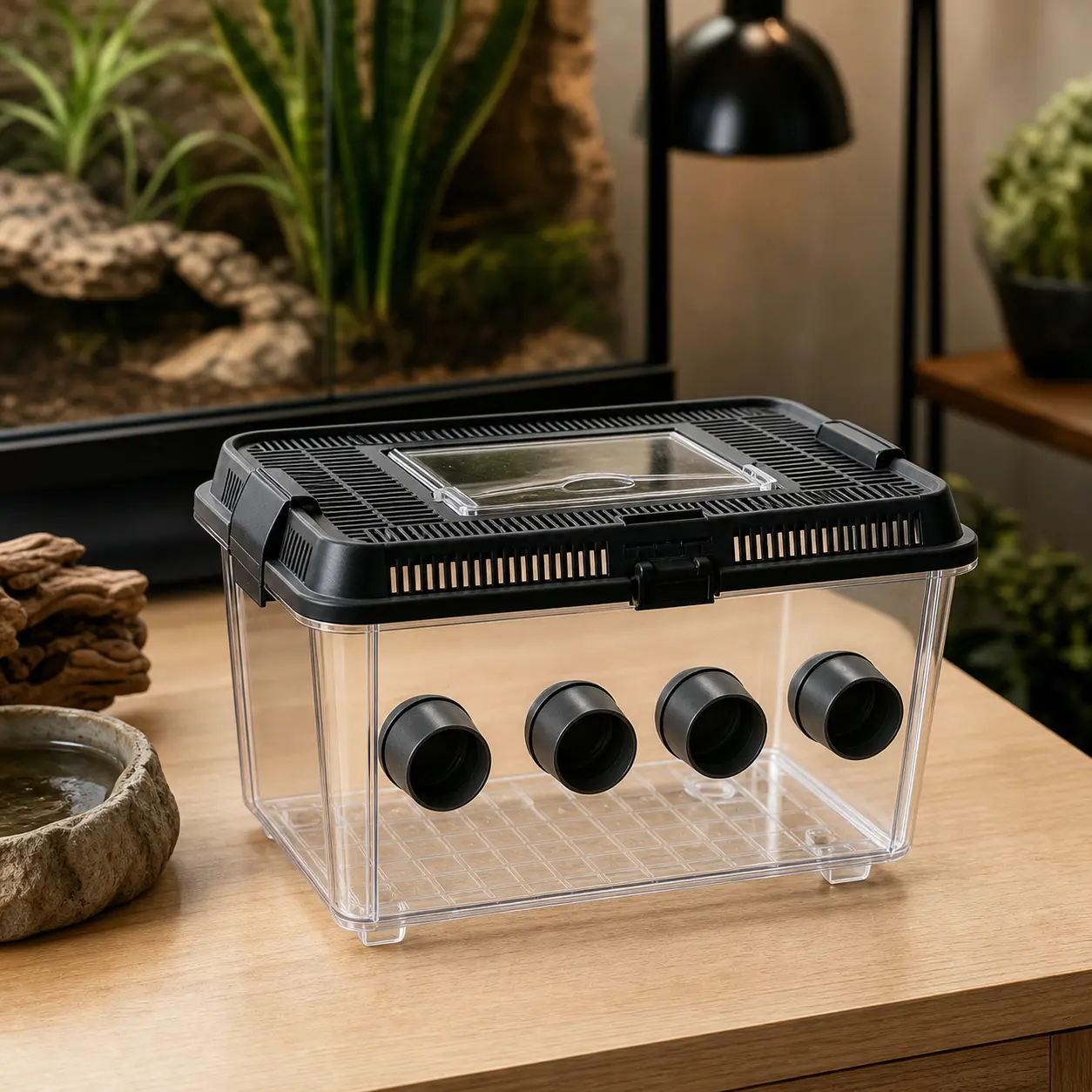 Ventilated cricket keeper with secure lid and four removable feeder tubes.