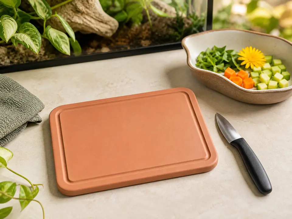 Small washable cutting board reserved for pet-food preparation.