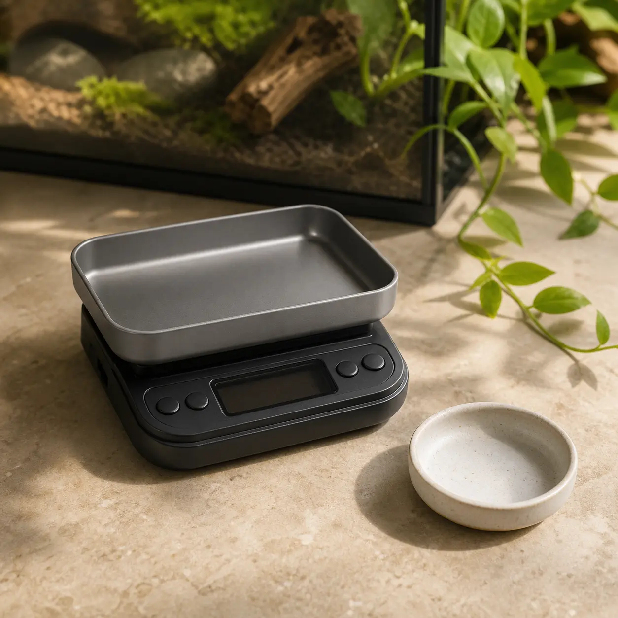 Compact digital gram scale with a removable tray beside a small ceramic reptile food dish.