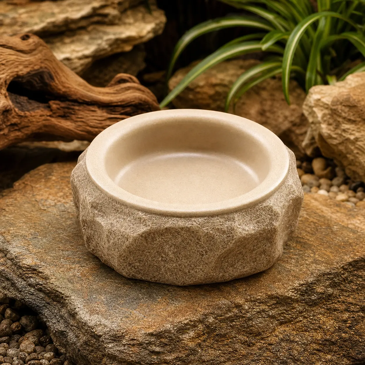 Smooth-sided shallow ceramic feeding dish with a stable wide base.