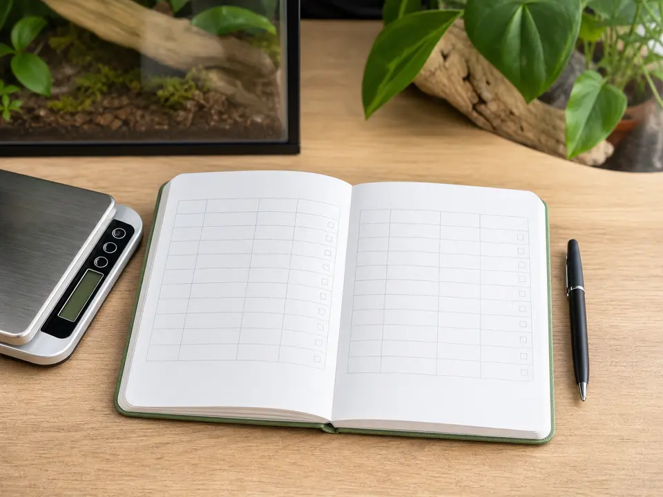 Compact care notebook with a pen beside a digital scale.