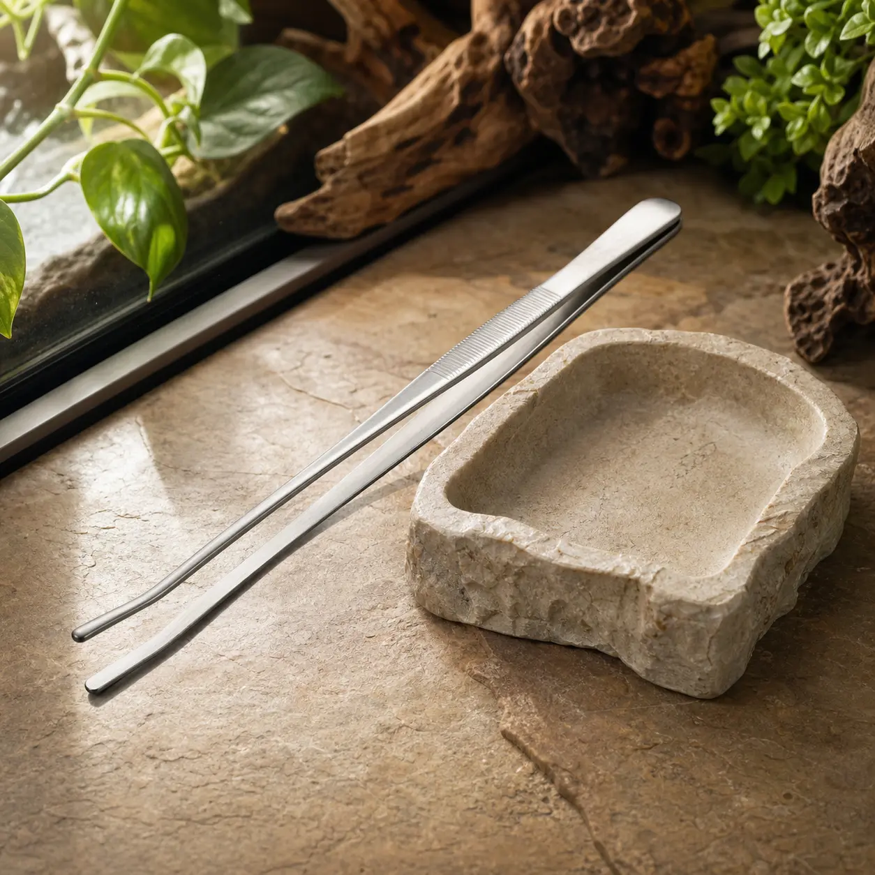 Long stainless reptile feeding tongs beside an empty stone feeding dish.