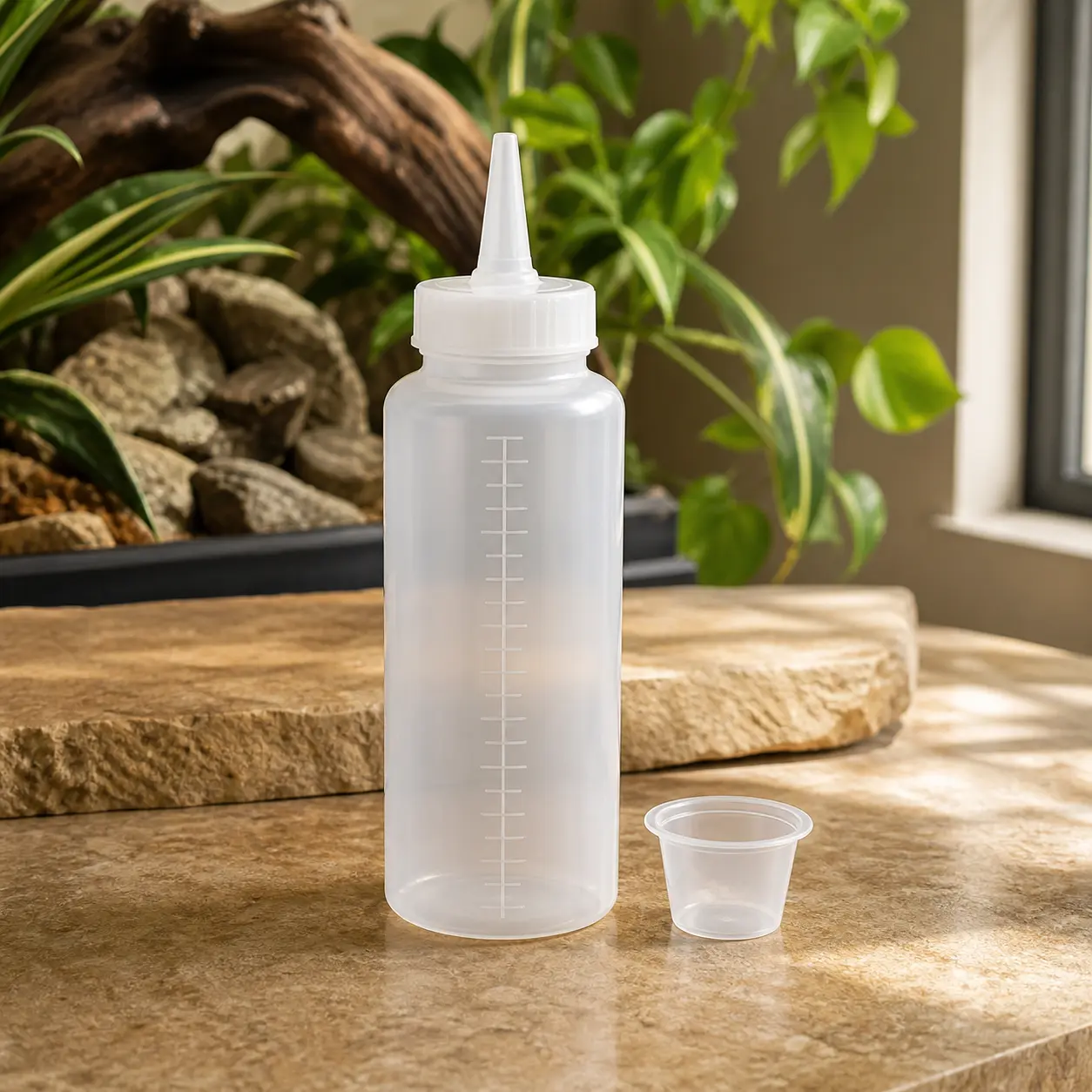 Clear measured bottle suitable for mixing and dispensing prepared reptile diet.