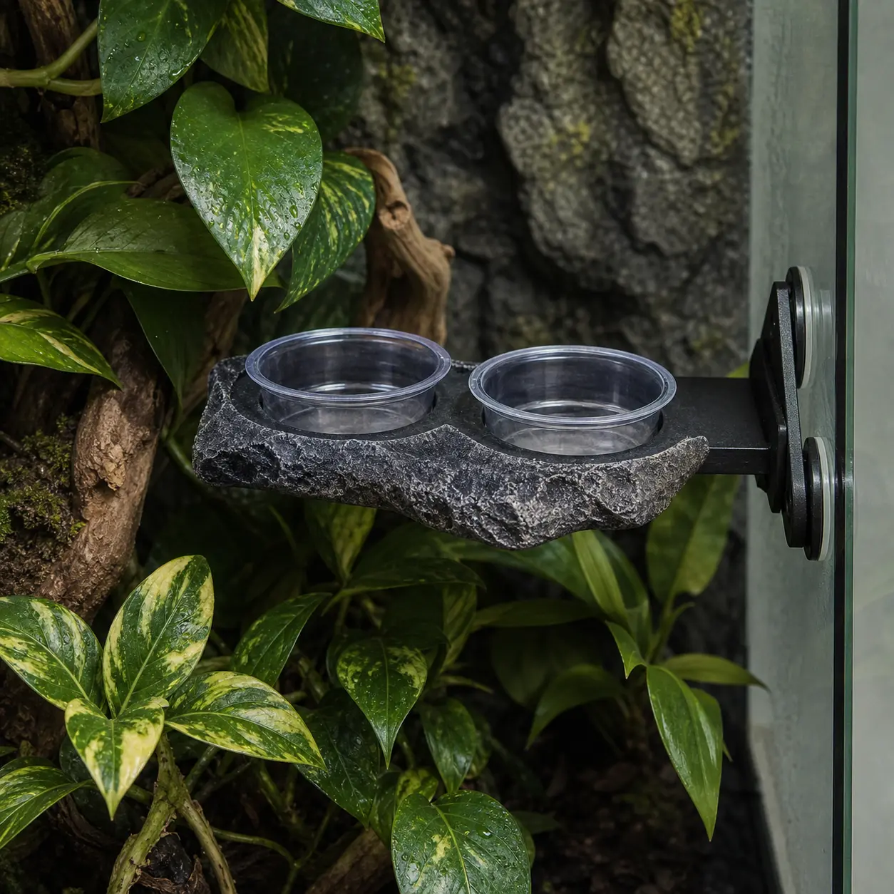 Magnetic arboreal gecko feeding ledge holding two removable cups in a planted terrarium.
