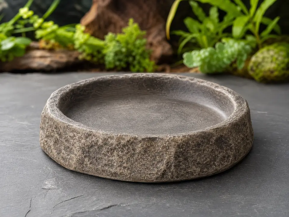 Heavy low-profile ceramic food dish on a clean feeding surface.