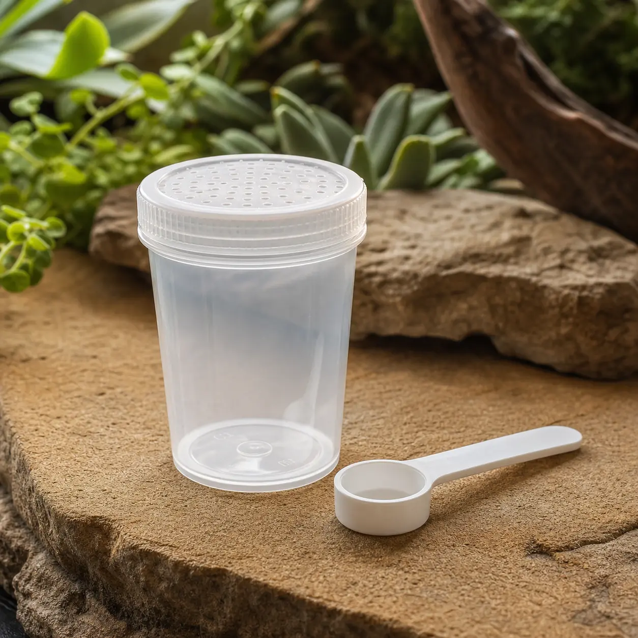 Clear feeder insect dusting cup with a vented lid and small measuring scoop.