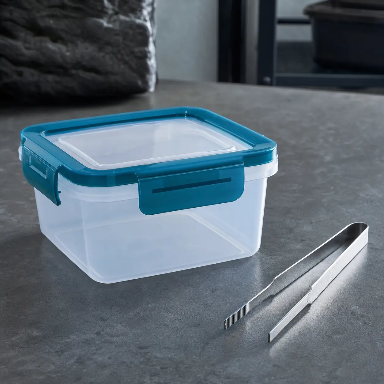 Leakproof locking thawing container beside dedicated stainless feeding tongs.