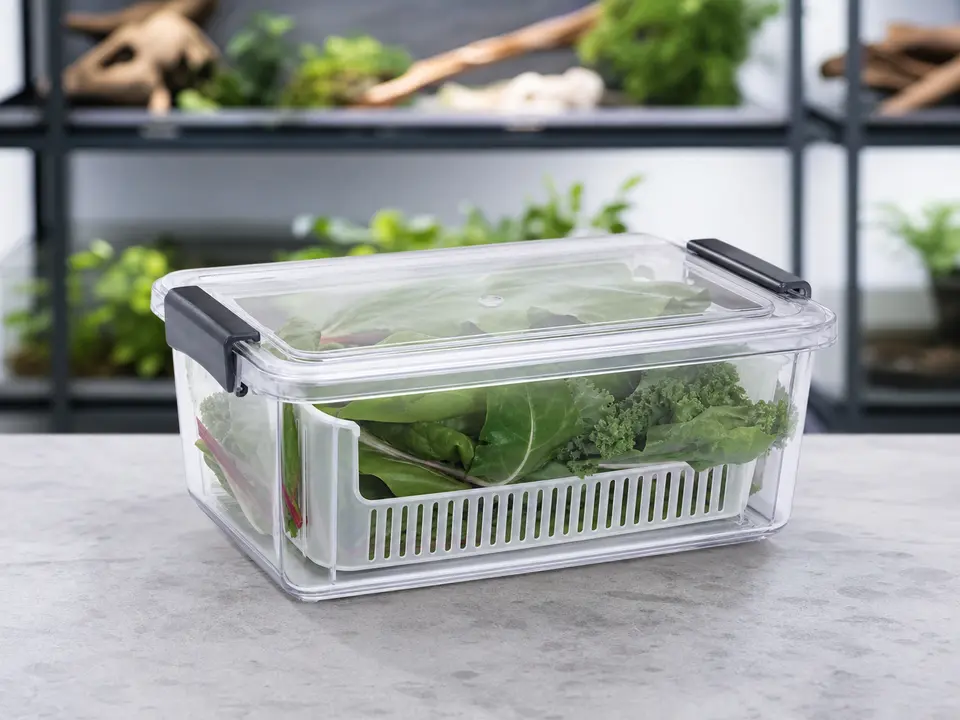 Ventilated produce keeper containing clean leafy greens.