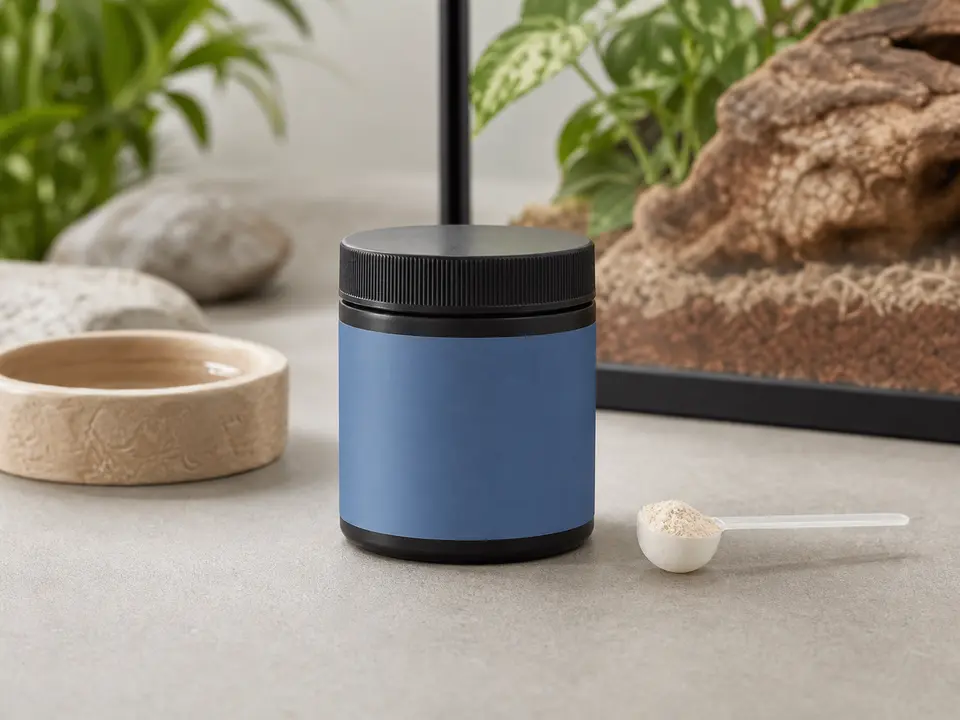 Reptile multivitamin powder container with a small measured scoop.