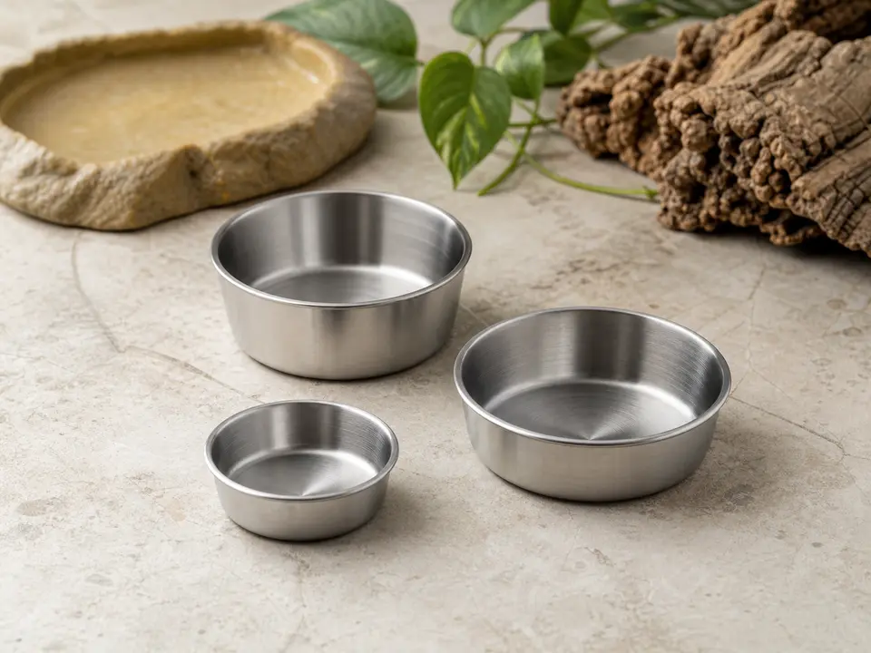 Set of small stainless preparation bowls on a clean dedicated surface.